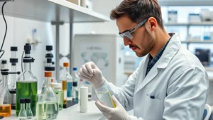 Professional environmental scientist in laboratory analyzing contaminated water samples in glass beakers and testing equipment, clean modern lab setting with analytical instruments visible