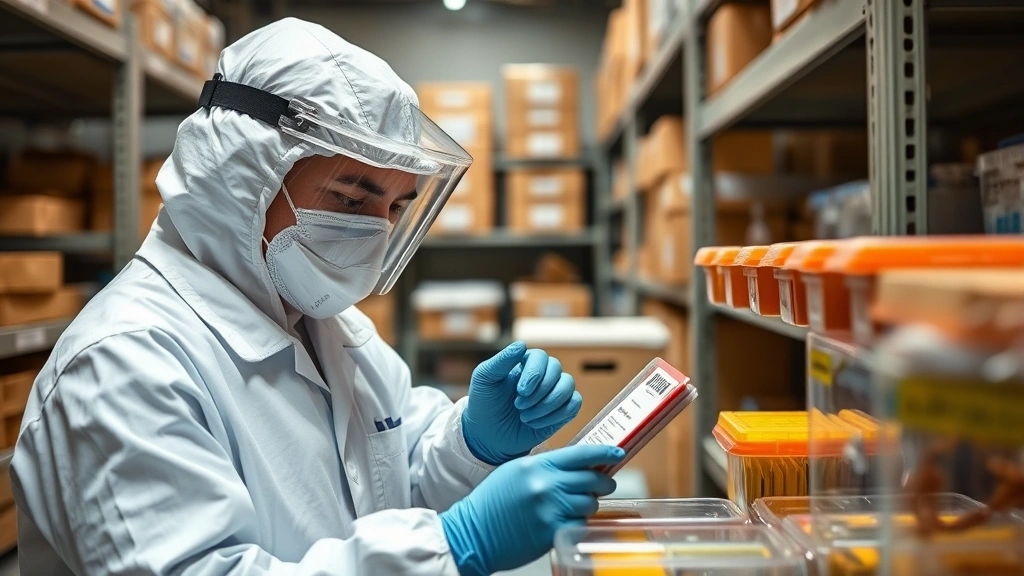 Forensic expert carefully documenting and cataloging physical evidence in sealed evidence containers, wearing protective equipment, organized evidence storage facility background