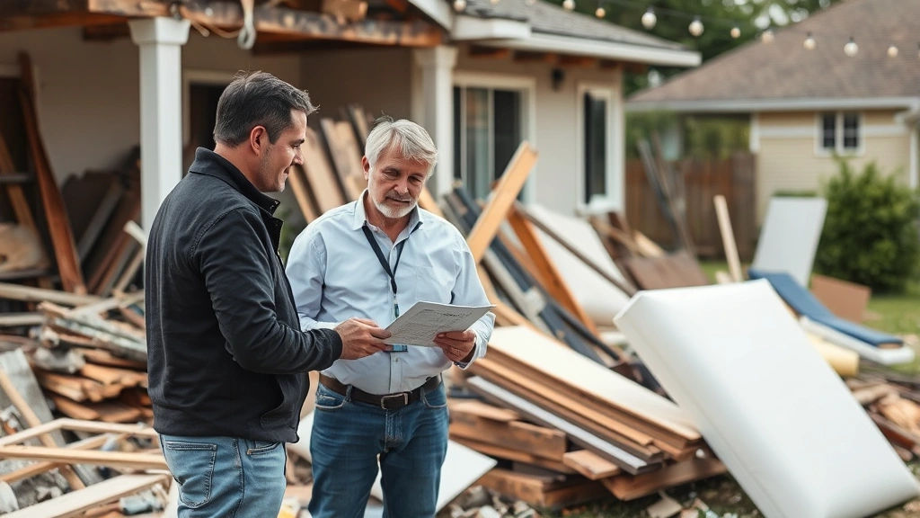Insurance adjuster and property owner reviewing damaged materials and debris from property loss, examining salvageable items, outdoor damage assessment scene