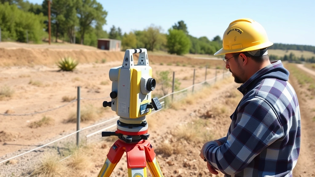 Professional surveyor using theodolite equipment to measure land boundaries, measuring angles and distances on an irregular property, professional outdoor setting with clear sky
