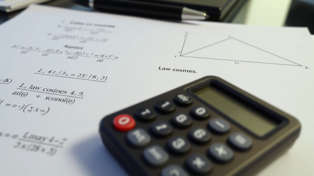 Close-up of mathematical calculations on paper showing law of cosines formulas with calculator and geometric triangle diagrams, organized workspace with professional lighting