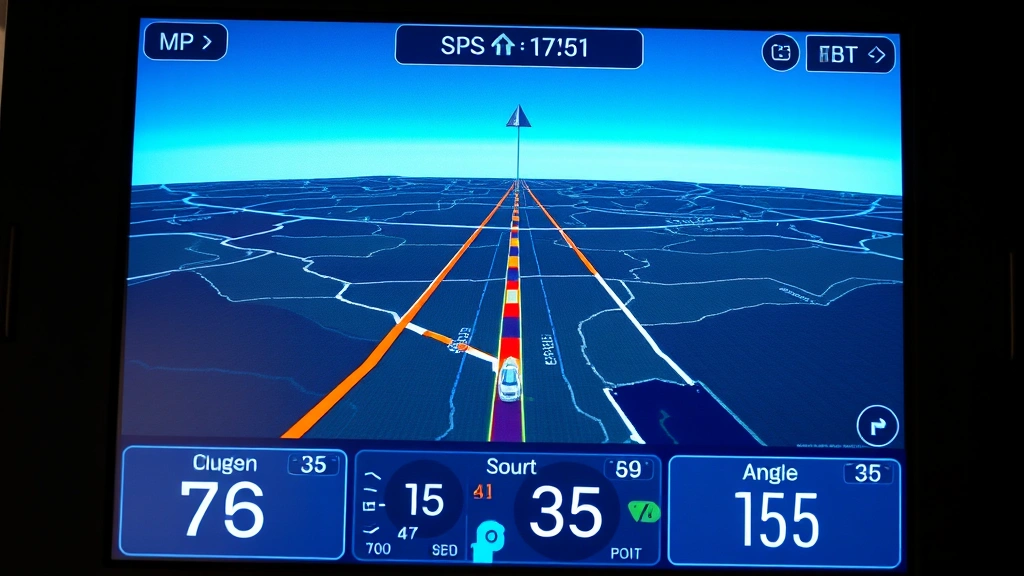 GPS navigation system display screen showing triangulated position with distance measurements and angle calculations, modern technology interface with clear digital readout