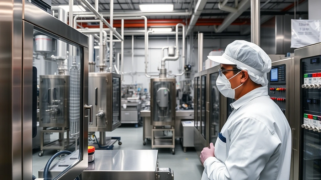 Pharmaceutical manufacturing facility interior showing stainless steel equipment and control panels, technician in protective gear monitoring production line, industrial chemical processing environment with precision instrumentation