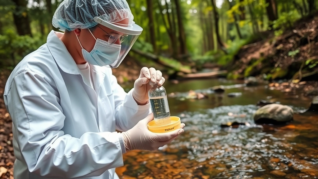 Environmental contamination testing scene with scientist collecting water sample from stream using sterile collection bottles, wearing protective equipment, natural outdoor setting with forest background, analytical field work