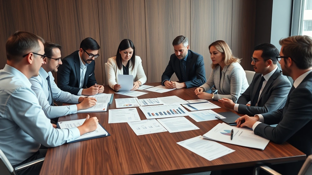 Diverse team of legal and economic professionals in conference room examining demand elasticity reports and market research documents spread across table, collaborative discussion about pricing strategy