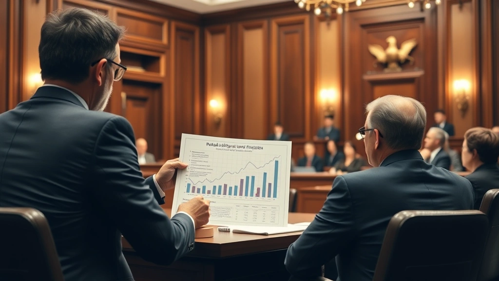 Courtroom scene with expert witness presenting demand analysis charts to judge and jury, professional presentation of economic evidence in litigation, formal legal proceeding setting