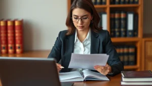 Professional female attorney in business suit reviewing legal documents at wooden desk with law books and laptop, serious focused expression, natural office lighting, shallow depth of field