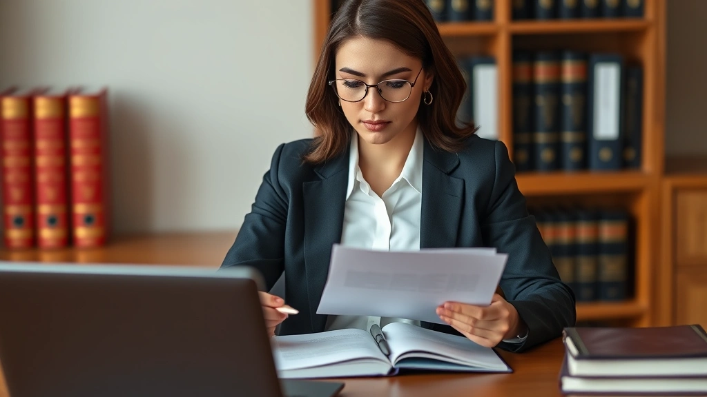 Professional female attorney in business suit reviewing legal documents at wooden desk with law books and laptop, serious focused expression, natural office lighting, shallow depth of field