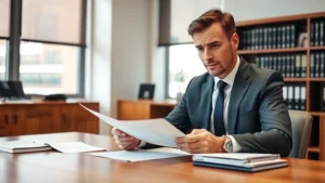 Professional attorney in business suit reviewing legal documents at wooden desk in modern law office, focused expression, natural lighting from window, professional setting