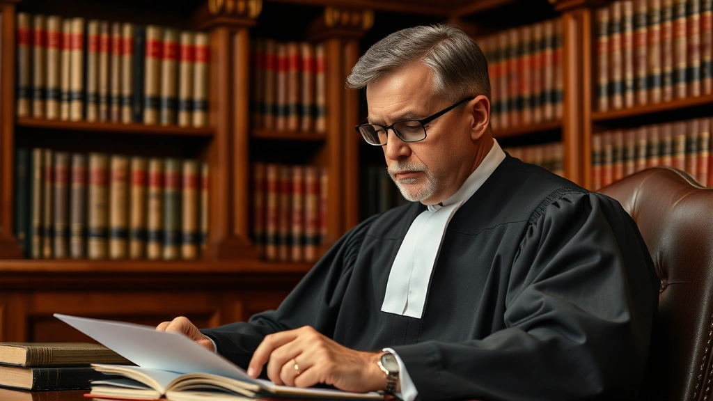 Judge in chambers examining case files with law books visible in background, professional attire, serious concentration, law library environment with rich wood furnishings