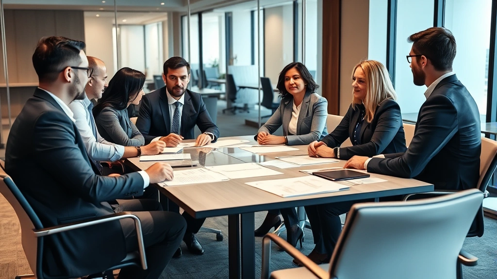 Legal team in conference room discussing case strategy around table with documents, diverse professionals, collaborative atmosphere, modern office setting with glass walls