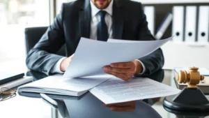 Professional lawyer in business suit reviewing contract documents at modern office desk with multiple papers and legal files visible