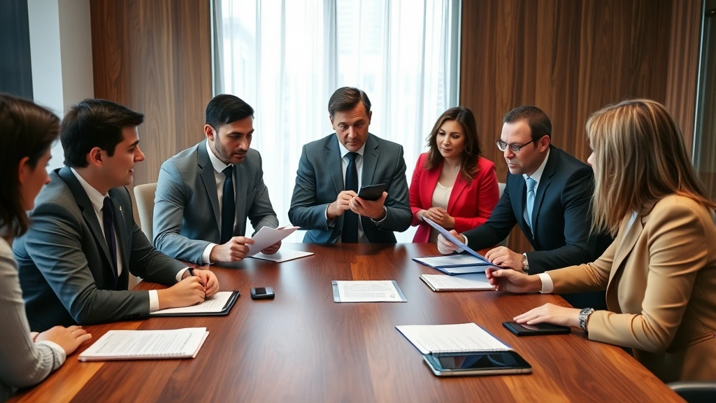 Diverse group of professionals in conference room engaged in serious contract negotiation discussion around wooden table with notebooks