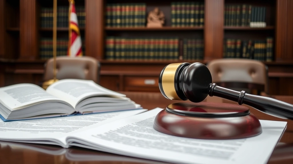 Judge's gavel resting on desk in courthouse chambers with law books and legal documents in background, formal setting