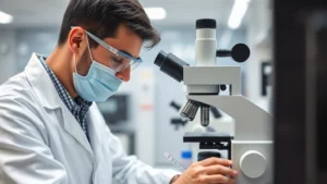 Professional geneticist in laboratory examining DNA samples under microscope with scientific equipment visible, wearing white coat and safety glasses, focused expression, modern research facility setting