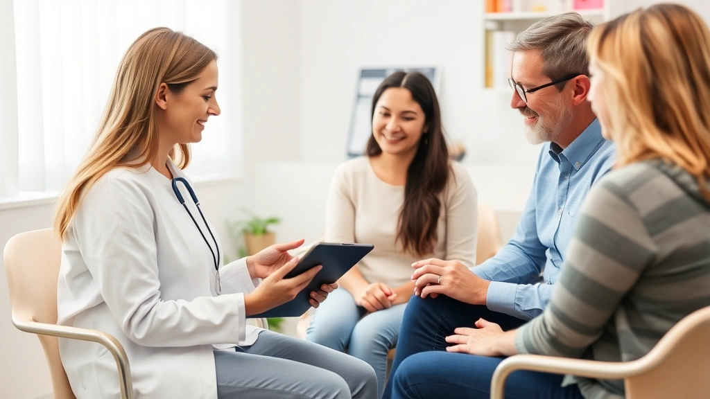 Diverse genetic counselor meeting with clients in clinical setting, reviewing genetic test results and inheritance pattern diagrams on tablet, compassionate professional interaction