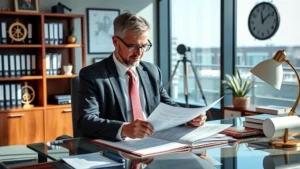 Professional maritime lawyer in formal business attire reviewing shipping contracts and maritime documents at a modern office desk with nautical-themed decor, natural lighting