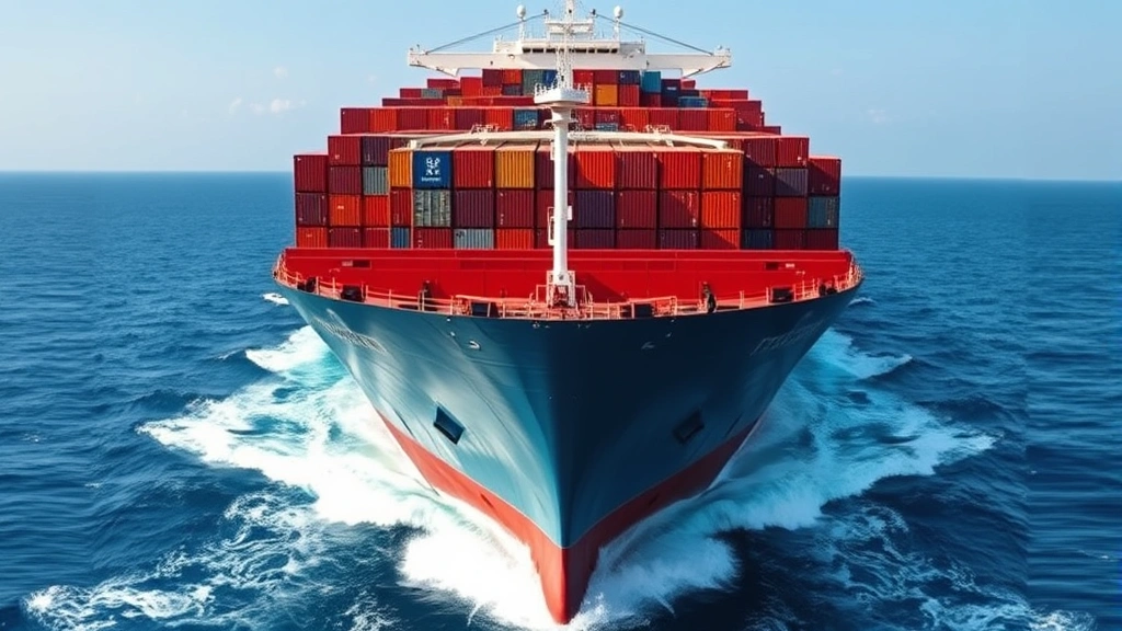 Large container ship photographed from the bow cutting through blue ocean waters during daytime, showing professional maritime vessel operations and international commerce