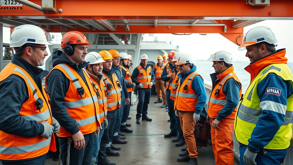 Diverse maritime workers in safety equipment on a commercial vessel deck during operations, showing real maritime industry professionals in their work environment
