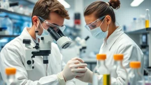 Professional chemist in laboratory analyzing molecular compounds with precision instruments and digital displays, wearing protective equipment, focused on chemical analysis work