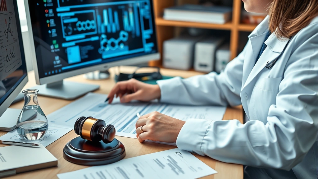 Legal professional reviewing chemical documentation and patent specifications at desk with computer, representing intersection of law and chemistry
