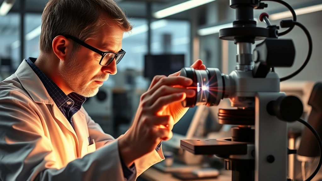 Professional physicist or optical engineer examining a precision mirror reflection apparatus in a modern laboratory setting, demonstrating light beam reflection angles with scientific instruments and optical equipment