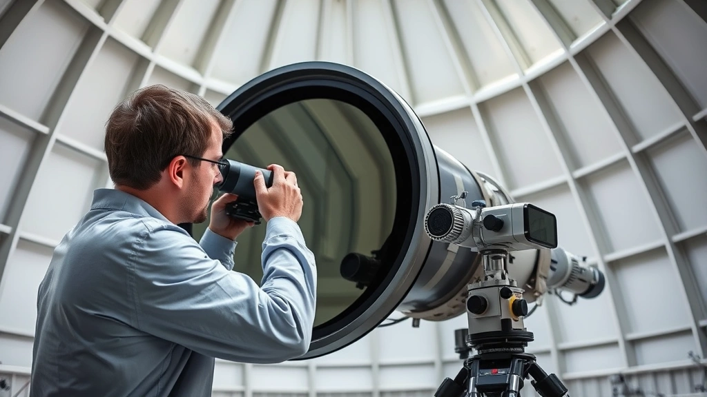 Expert technician adjusting a large telescope mirror in an observatory dome, using specialized optical testing equipment to verify reflection precision, professional astronomical research facility