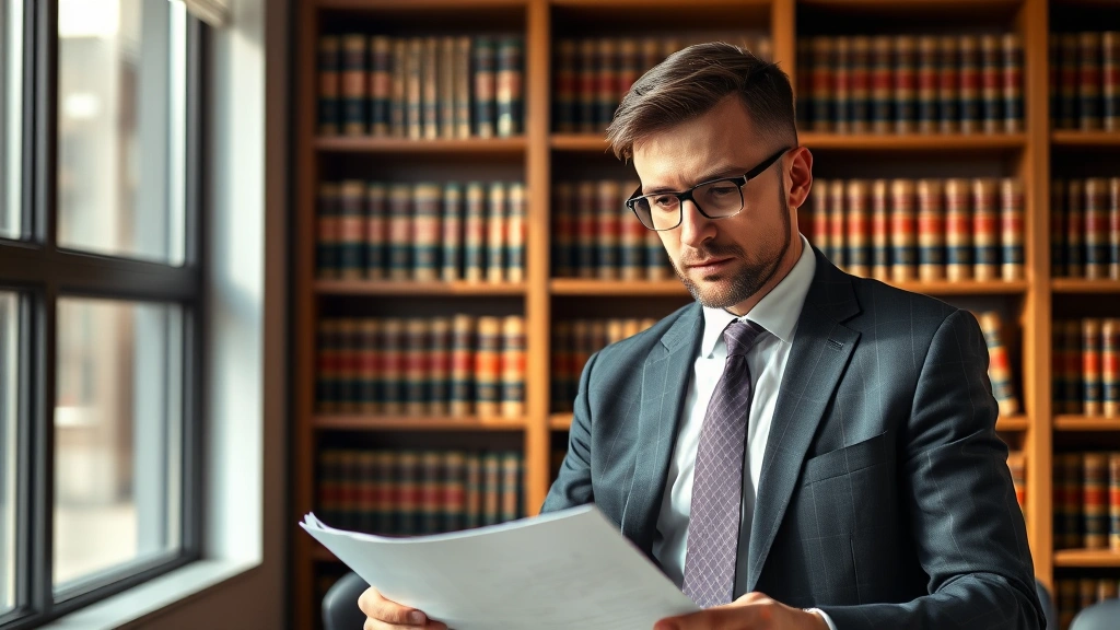 Professional lawyer in business attire reviewing legal documents in a modern law office with law books on shelves in background, serious focused expression, natural daylight from windows