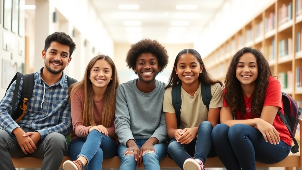 Young diverse students sitting together in a school hallway or library setting, smiling naturally, appearing friendly and comfortable, bright natural lighting, casual school clothing