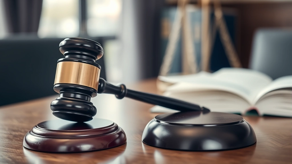 Close-up of a judge's gavel on a wooden desk with law books and legal documents blurred in background, professional courtroom setting, neutral professional atmosphere
