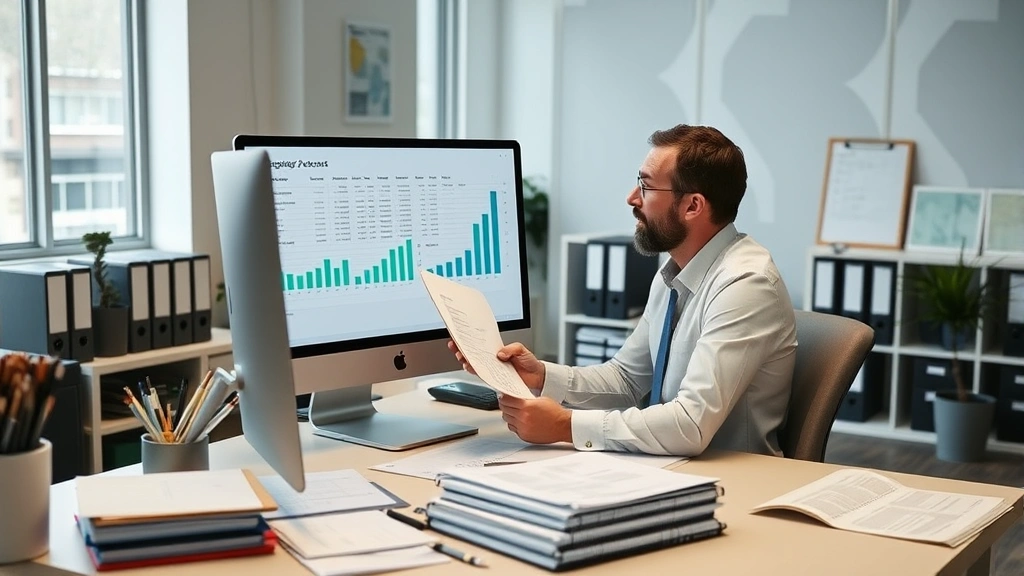 Professional financial advisor reviewing segregated account statements on computer in modern office with organized files and professional documents visible on desk