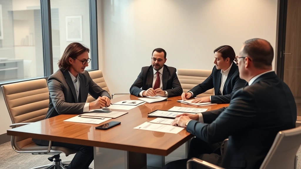 Corporate executive reviewing segregated trust fund documents and separate business account statements in conference room with business team members