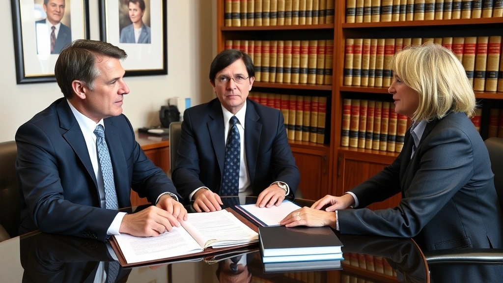 Estate attorney discussing segregated property assets and inheritance documents with clients in professional law office setting with law books visible