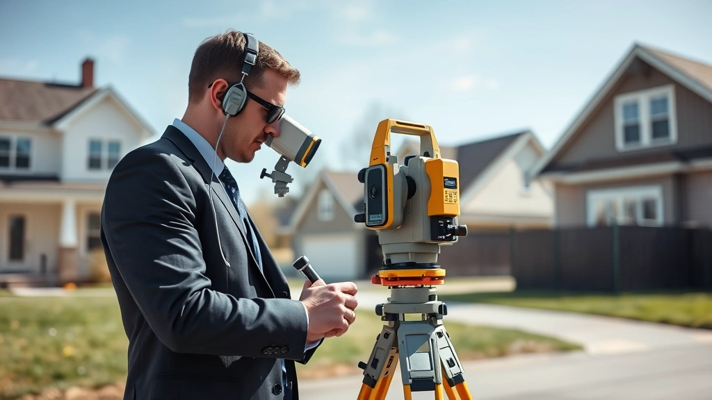 Professional surveyor in business attire measuring property boundaries using precision instruments and laser equipment, outdoor residential setting with clear sky, detailed technical work