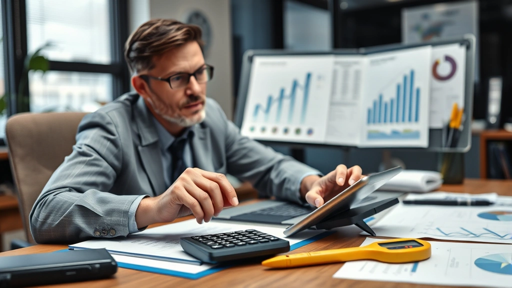 Expert witness or professional presenting technical analysis at desk with calculator and measurement tools, professional office environment with charts and documents visible