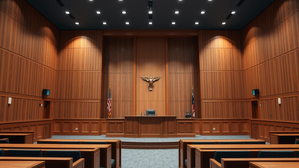Modern courtroom interior showing judge's bench and witness stand with professional lighting and wood paneling, empty formal legal setting ready for proceedings