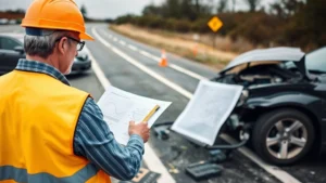 Professional accident reconstruction expert analyzing collision scene with measurement tools and geometric diagrams, wearing safety vest and hard hat, examining vehicle damage patterns and skid marks at an outdoor accident site