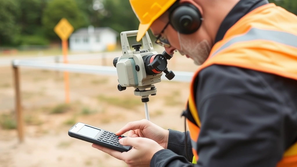 Forensic surveyor using precision measurement equipment and calculator at property boundary location, professional outdoor setting with surveying instruments, calculating distances and angles for legal documentation