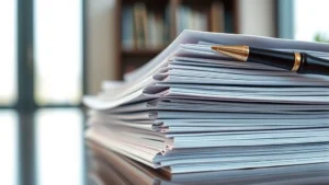 Professional legal documents and contracts stacked chronologically showing layers and timeline sequences, professional office lighting, shallow depth of field emphasizing document layering and temporal progression