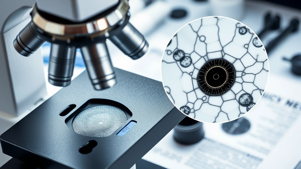 Forensic document examination microscope setup with magnified ink samples showing layered deposits and analysis, professional laboratory environment, technical precision and scientific authenticity