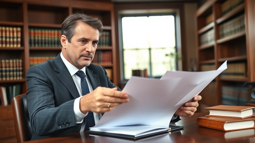 Professional male attorney in business suit reviewing legal documents at wooden desk in modern law office with law books visible on shelves behind him, natural window lighting, serious focused expression