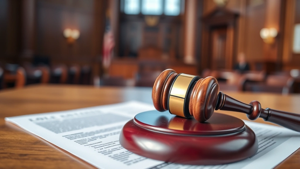 Close-up of judge's gavel resting on legal documents with courthouse interior blurred in background, professional courtroom setting, natural lighting highlighting the wooden gavel and papers