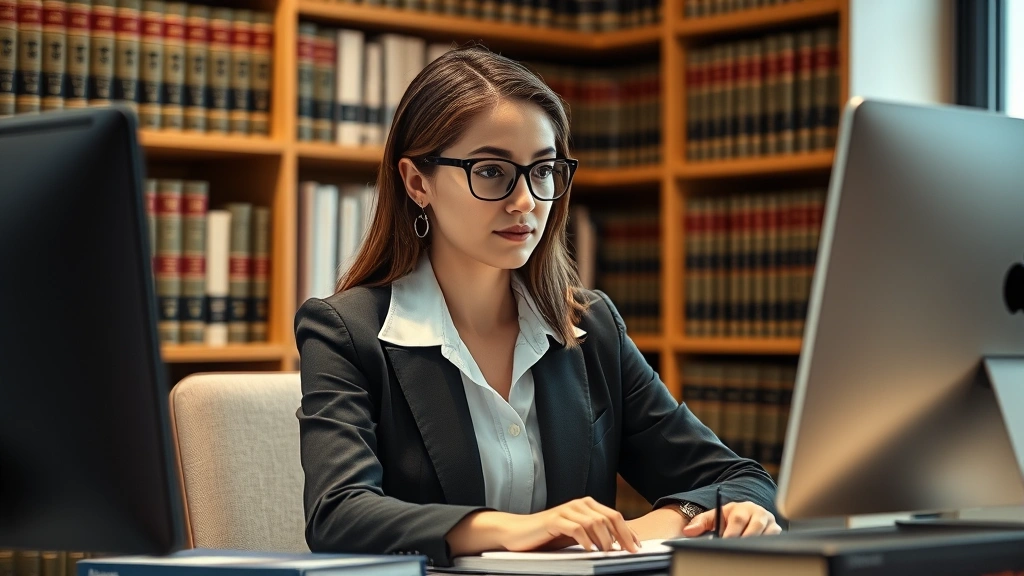 Female legal professional in business attire working at computer in law library surrounded by legal books and case files, concentrated expression, modern office environment with warm lighting