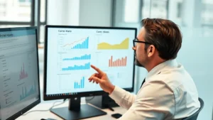 Professional legal analyst reviewing statistical charts and probability graphs on computer screen in modern law office, wearing business attire, focused expression analyzing case data