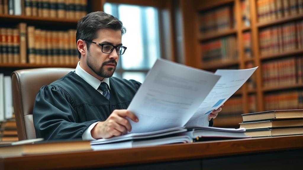 Judge reviewing legal documents and statistical evidence reports at bench, serious professional demeanor, law library background with legal books and case files visible