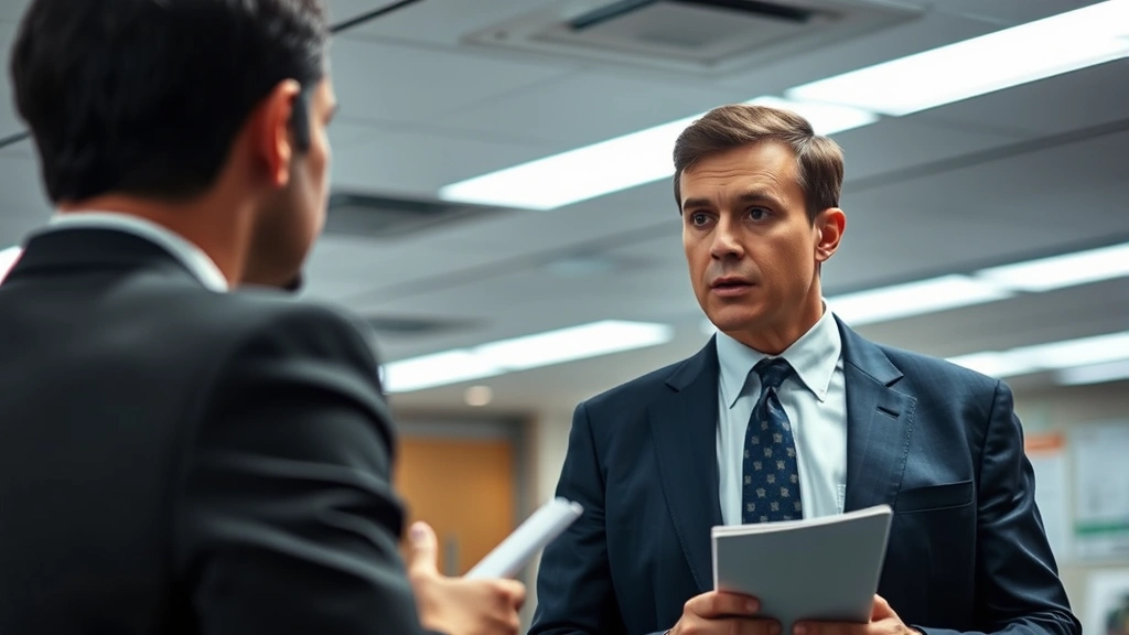 Professional male detective in suit conducting witness interview in modern police precinct, serious expression, note-taking, fluorescent lighting, realistic office environment