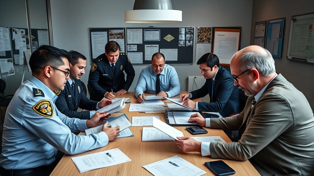Diverse team of law enforcement professionals reviewing case files at conference table, collaborative atmosphere, documents and evidence boards visible, professional workplace setting