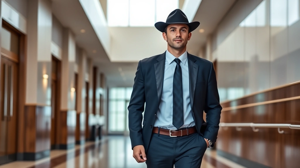 Male detective in business attire walking through courthouse hallway with professional demeanor, modern judicial building architecture, confident purposeful stride
