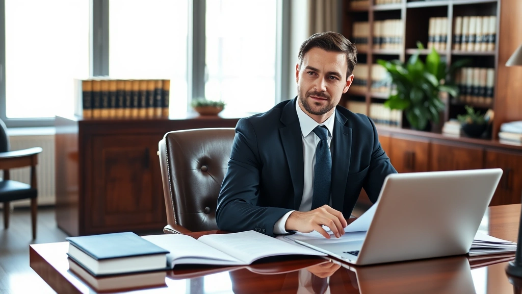 Professional lawyer in business suit sitting at mahogany desk with law books and laptop, reviewing documents in well-lit modern office, confident expression, natural lighting