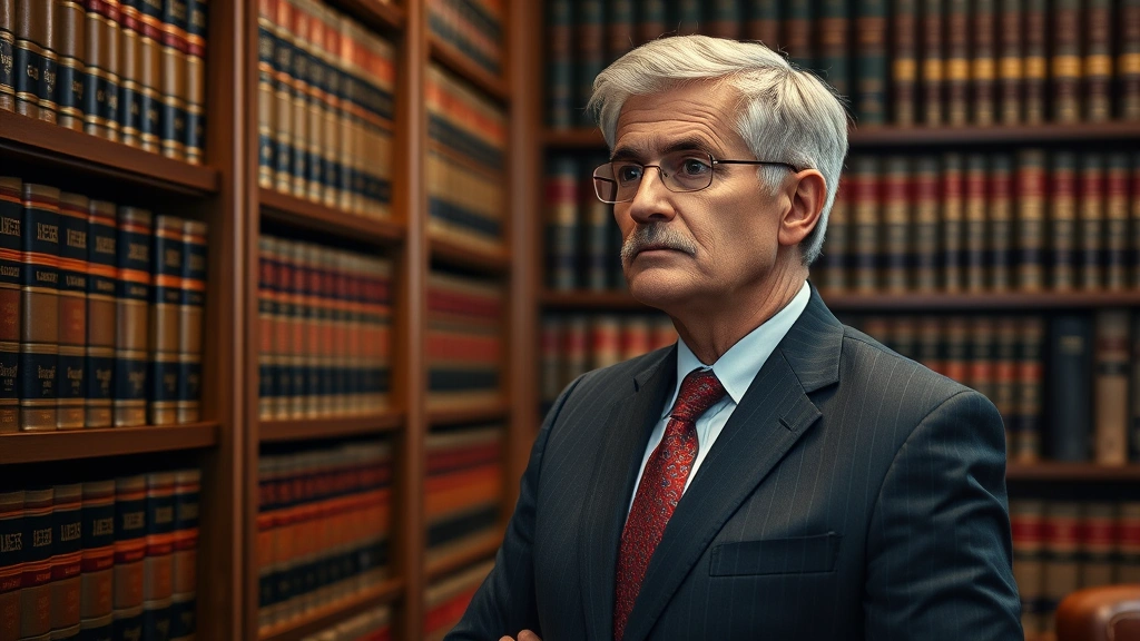 Experienced attorney with gray hair in formal business wear standing near wall of law books in prestigious law library, thoughtful professional demeanor, warm office lighting